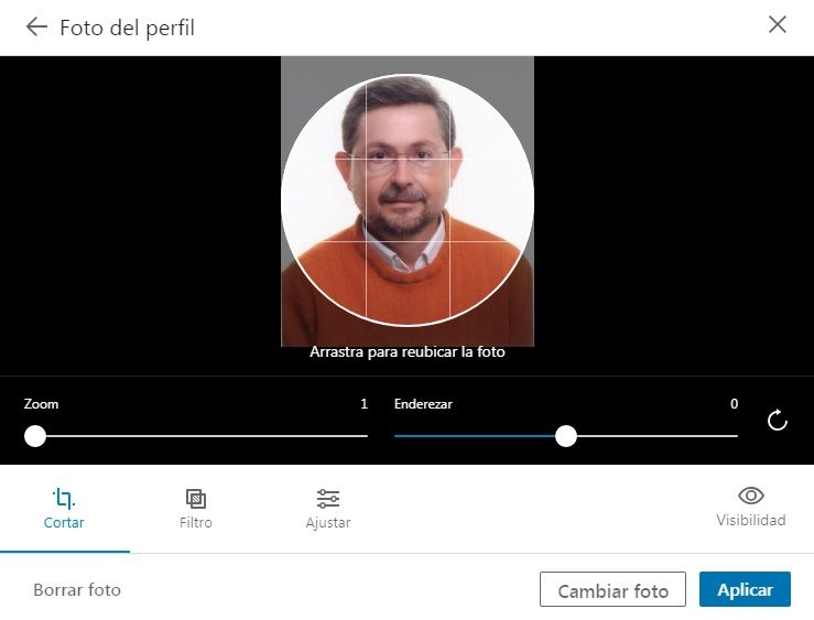 Foto LinkedIn - Ventana de opciones para la foto del perfil