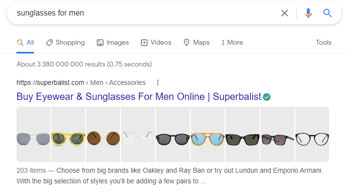 Sonnenbrillen für Männer in der Google-Suche